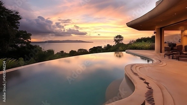 Fototapeta Stunning infinity pool overlooking a serene ocean sunset with vibrant colors reflecting off the water, surrounded by lush greenery and tropical landscape