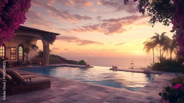 Fototapeta Stunning view of a luxurious swimming pool overlooking the ocean at sunset, surrounded by tropical plants and vibrant flowers creating a serene atmosphere