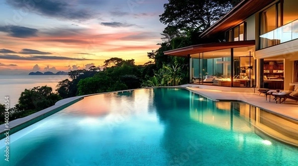 Fototapeta Stunning luxury villa with a serene infinity pool overlooking the ocean during a colorful sunset, surrounded by lush greenery