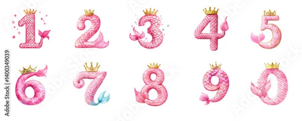 Fototapeta Enchanting Mermaid Tail Numbers 0 9 Pink Scaled Princess Crowns for Kids' Designs
