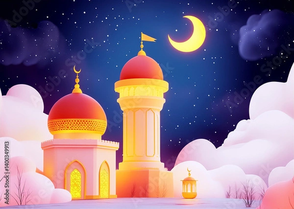 Fototapeta Ramadan illustration with Mosque, Minarets and lantern