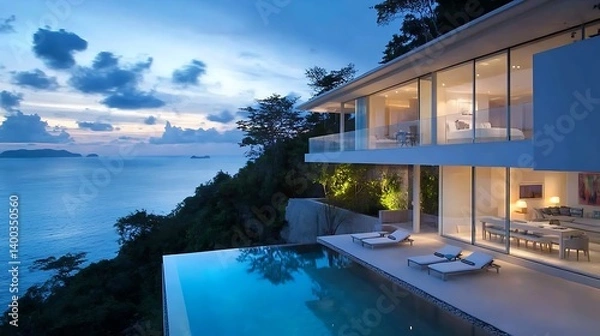 Fototapeta Stunning modern villa overlooking a vibrant ocean at twilight with lit interior, infinity pool reflecting the evening sky, and lush greenery in the foreground