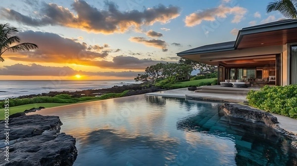 Fototapeta Stunning oceanfront villa with infinity pool, surrounded by lush greenery, at sunset over the horizon with vibrant colors reflecting in the water