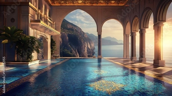 Fototapeta Stunning outdoor infinity pool with intricate mosaic tiles surrounded by elegant arches and tropical plants, overlooking a serene coastal landscape at sunset