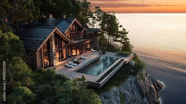 Fototapeta Stunning view of a rustic cliffside cabin with a modern pool overlooking the ocean at sunset, surrounded by lush trees and a serene atmosphere