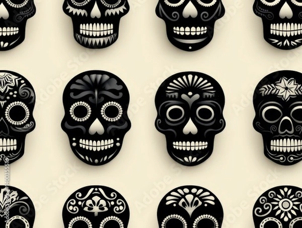 Fototapeta Pattern of skull masks with symmetrical black and white design depicting day of the dead inspired cultural symbolism in abstract horror styled background