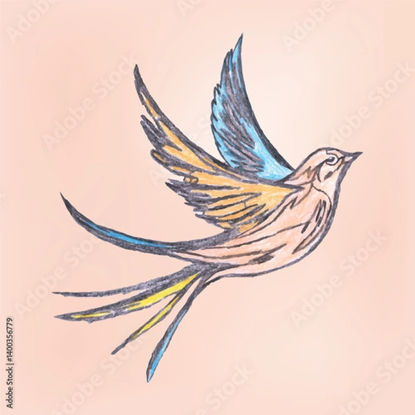 Fototapeta Hand-Drawn Illustration of a Colorful Flying Bird with Soft Pastel Shades   