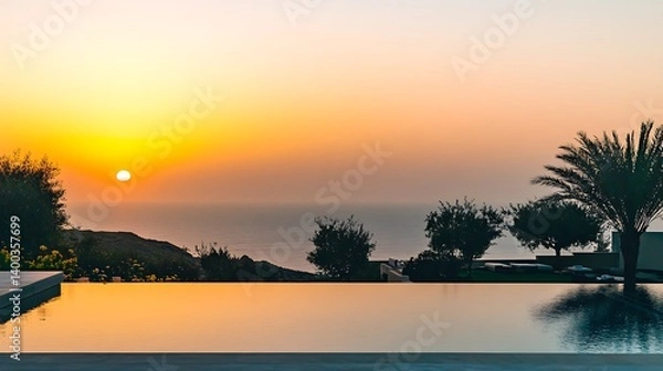 Fototapeta Stunning sunset over a serene ocean reflecting orange and yellow hues with silhouetted trees and an infinity pool creating a tranquil atmosphere
