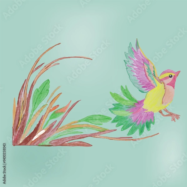 Fototapeta Colorful Bird Soaring Over Leaves on Tranquil Pastel Background  
