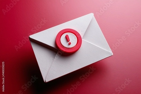 Fototapeta Closed white envelope with red exclamation mark highlighting potential risks, dangers, and urgent communication on a vibrant red background