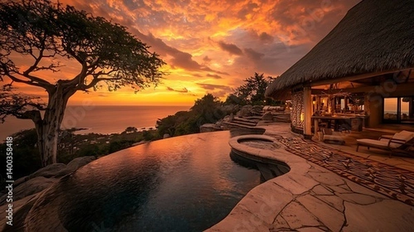 Fototapeta Stunning sunset view over infinity pool with lush greenery, tropical coastline, and warm golden hues reflecting in the water, creating a tranquil atmosphere