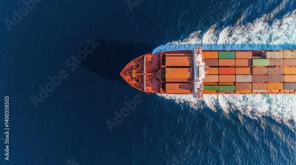 Fototapeta Aerial drone shot of a massive container ship sailing through deep blue ocean waters carrying an array of multicolored cargo containers on its deck