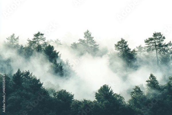 Obraz Morning light filters through misty coniferous forest at dawn, highlighting silhouettes of trees and creating an ethereal atmosphere