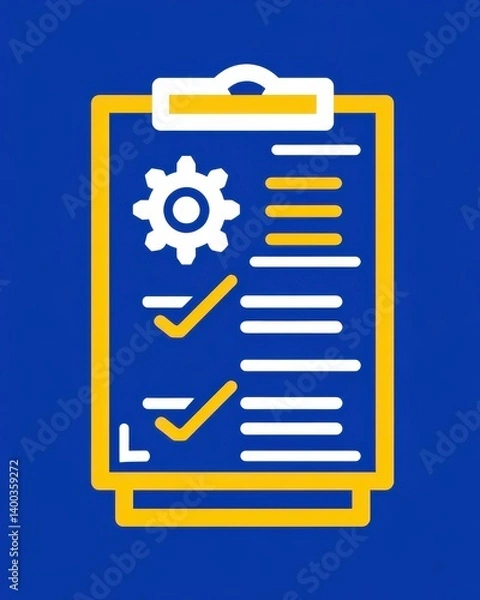 Fototapeta A clipboard icon with a checklist and gear symbol representing task planning workflow management and productivity optimization