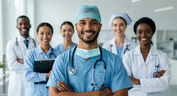 Obraz A diverse team of confident doctors and nurses, ready to serve with bright smiles and professionalism, in a modern, well-lit clinic.