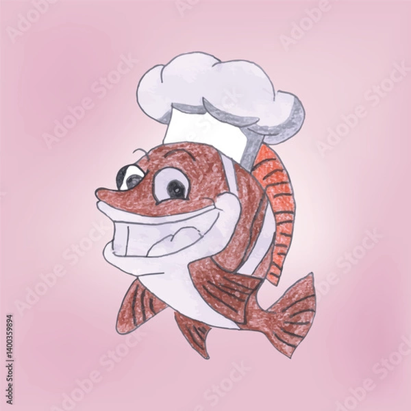 Fototapeta Cartoon Illustration of a Fish Chef Smiling on a Pastel Background 