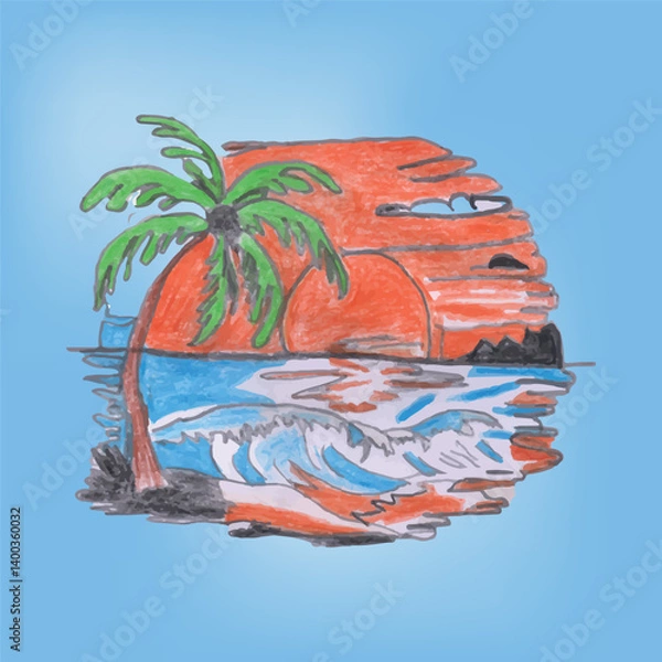 Fototapeta Tropical Sunset With Palm Tree and Ocean Waves in Vibrant Colors