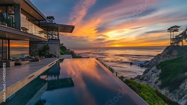 Fototapeta Stunning sunset view over a tranquil ocean from a luxury modern villa featuring an infinity pool and vibrant sky colors reflecting on the water