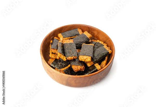 Obraz Senbei isolated, kaki no tane rice crackers, japanese crispy snack, sembei, okaki with wasabi, nori