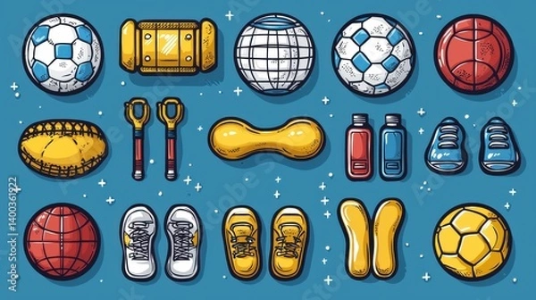 Fototapeta A diverse collection of popular sports balls uniforms and accessories arranged on a vibrant blue background representing the diverse world of athletic activities and leisure pursuits  category Sports