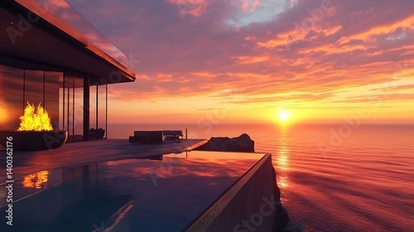 Fototapeta Stunning sunset view over calm ocean waters from a luxury villa terrace featuring modern architecture and an infinity pool backyard