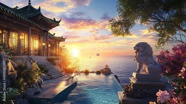 Fototapeta Stunning sunset view over tranquil waters with a traditional Asian pavilion, lush greenery, and a guardian lion statue reflecting serenity and cultural heritage