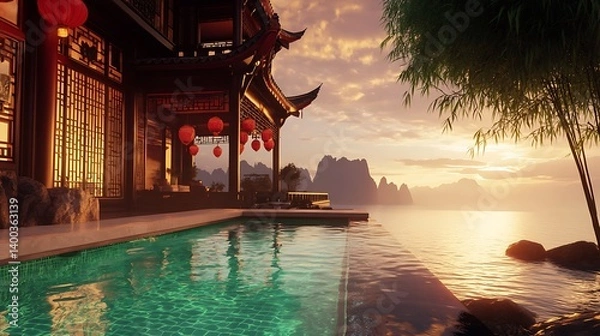 Fototapeta Stunning traditional Asian villa overlooking a tranquil pool at sunset with lanterns and misty mountains in the background
