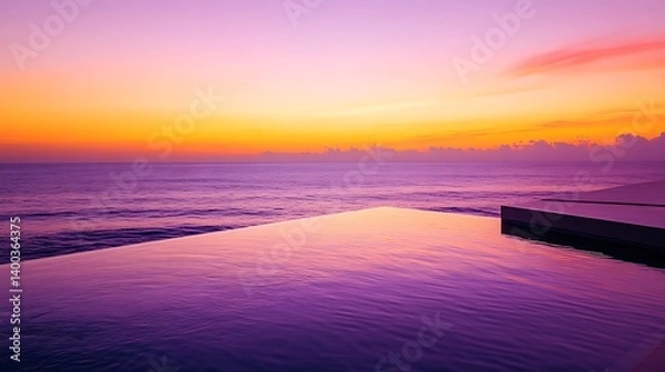 Fototapeta Stunning twilight view over a calm ocean with vibrant purple, pink, and orange hues reflecting off the water's surface, creating a serene atmosphere with a clear horizon