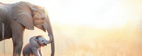Obraz A serene image of a mother elephant and her playful calf, set against a soft, golden background, capturing their bond in a tranquil natural environment.