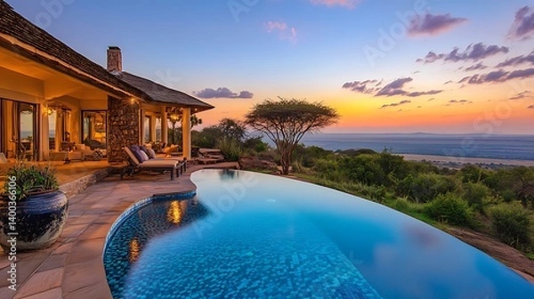 Fototapeta Luxurious villa with a stunning infinity pool overlooking a serene sunset sky, surrounded by lush green hills and a distant ocean view