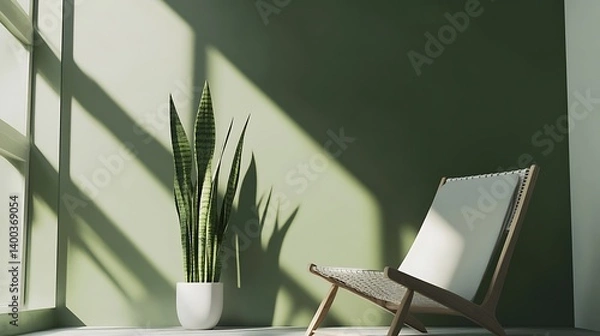 Fototapeta A serene indoor space featuring a stylish chair next to a lush green plant against a light green wall, beautifully illuminated by sunlight, creating an inviting atmosphere