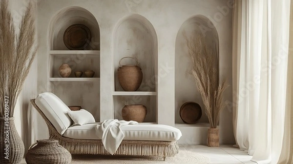 Fototapeta Stylish minimalist interior design featuring a rattan lounge chair with soft white cushions, surrounded by decorative pottery and elegant neutral decor, emphasized by warm natural lighting
