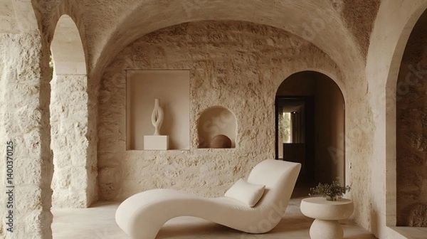 Fototapeta A serene and stylish interior showcasing curved furniture and natural stone textures, illuminated by soft light, creating a calm atmosphere