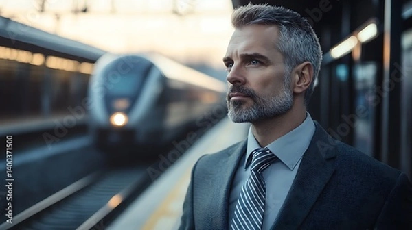 Fototapeta A mature businessman with a well-groomed beard stands pensively at a train station during golden hour, gazing into the distance while a train approaches from the right