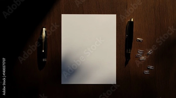 Fototapeta A top-down view of a blank sheet of paper surrounded by gold-tone pens and scattered capsules on a wooden table