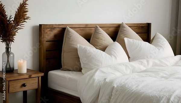 Fototapeta a serene bedroom scene features a rustic wooden bed with white linens, several pillows, and a bedside table adorned with a vase of dried flowers and a lit candle.