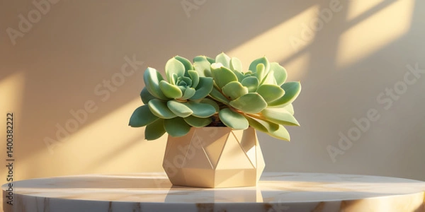 Fototapeta Geometric cream planter with lush succulent arrangement on marble table in warm sunlight