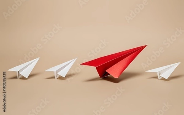 Fototapeta Leadership and Innovation – Red Paper Plane Ahead of the Pack on Beige Background