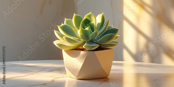 Fototapeta Vibrant green succulent in a geometric cream pot on marble table with natural light