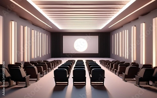 Fototapeta Modern Cinema Interior – Blank Screen with Empty Black Seats (3D Render)