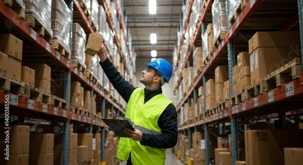 Fototapeta Warehouse worker inspecting inventory on high shelves wearing safety equipment