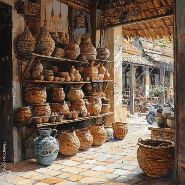 Fototapeta Traditional Pottery Display in Rustic Market Setting with Baskets