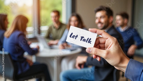 Fototapeta Hand Holding "Let Talk" Card in Business Meeting Setting for Communication Blogs, Team Collaboration Websites, Professional Development, and Networking Articles