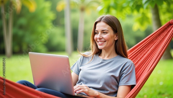 Fototapeta Young Woman Smiling While Using Laptop in a Hammock Surrounded by Nature for Remote Work Blogs, Relaxation Tips, Lifestyle Websites, and Digital Nomad Content -
