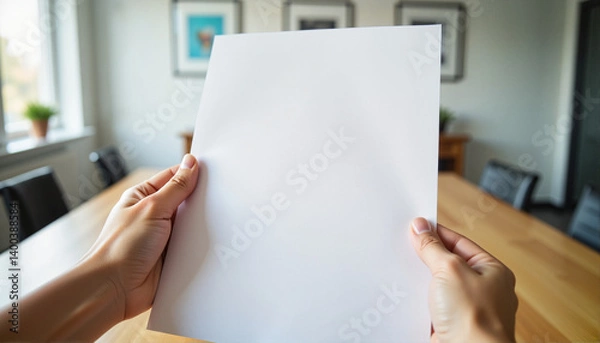 Fototapeta Hands Holding Blank White Paper in Modern Office Setting for Business Presentations, Marketing Proposals, Educational Materials, and Creative Projects