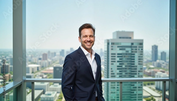 Fototapeta Smiling Businessman in a Suit Posing with City Skyline Background for Corporate Websites, Professional Profiles, Career Blogs, Networking Articles, and Business Resources