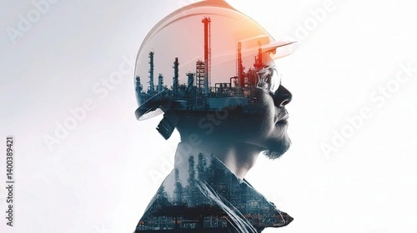 Fototapeta Double Exposure Image of Worker in Helmet with Industrial Background