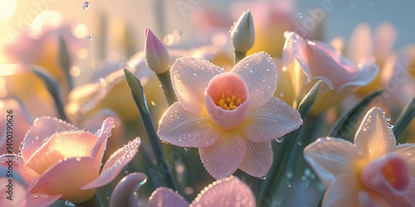 Fototapeta Close-up of delicate pink daffodils with morning dew and soft sunlight