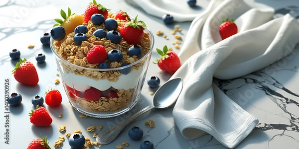 Fototapeta Glass cup with layers of yogurt, granola, strawberries, and blueberries on marble surface