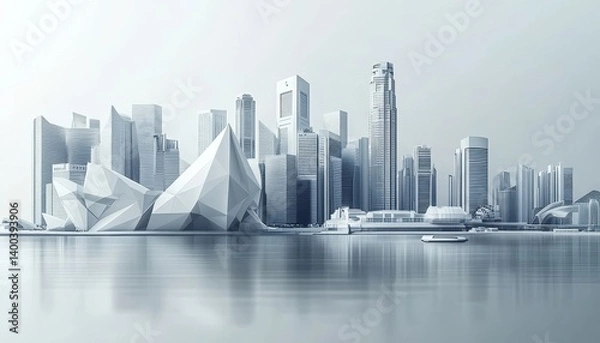 Obraz Sunrise casts vibrant hues over a modern city skyline filled with towering skyscrapers and reflective surfaces, evoking a sense of urban beauty and potential at dawn